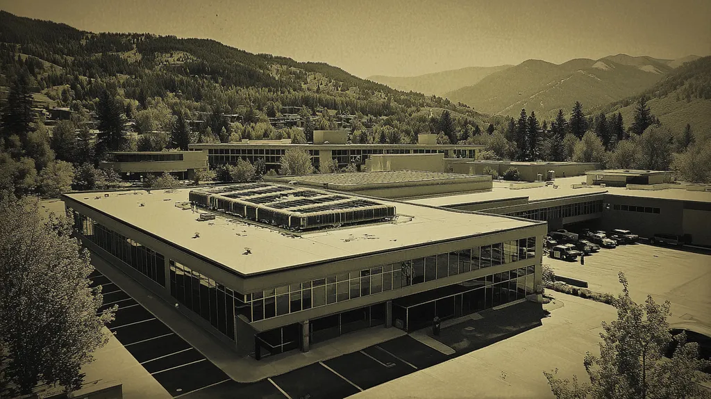 A commercial roof on a research laboratory in a location similar to Aspen with a tintype aesthetic (AI image)