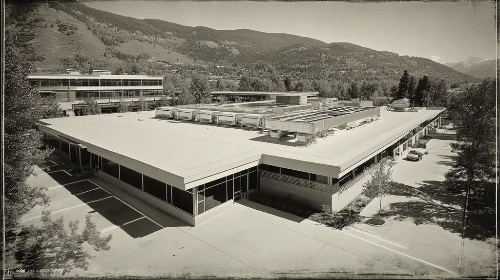 A commercial roof on a research laboratory in a location similar to Aspen with a tintype aesthetic (AI image)