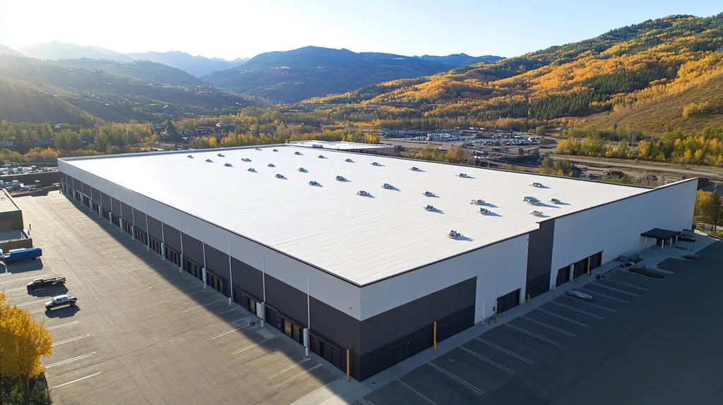A commercial roof on a warehouse in a location similar to Aspen with a color highlight aesthetic (AI image)
