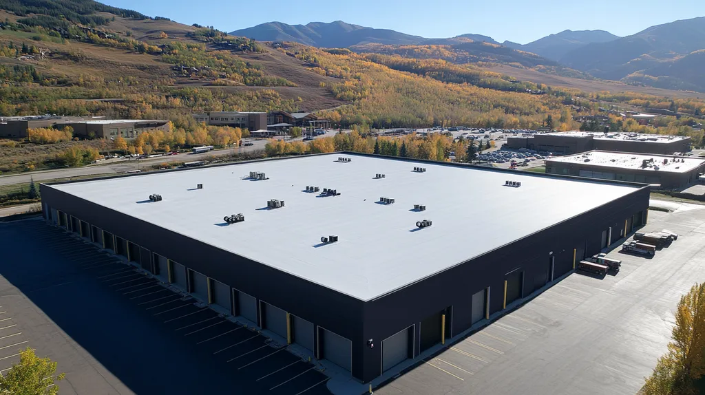 A commercial roof on a warehouse in a location similar to Aspen with a color highlight aesthetic (AI image)