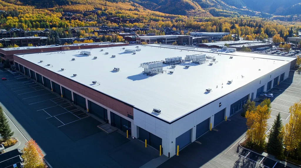 A commercial roof on a warehouse in a location similar to Aspen with a color highlight aesthetic (AI image)