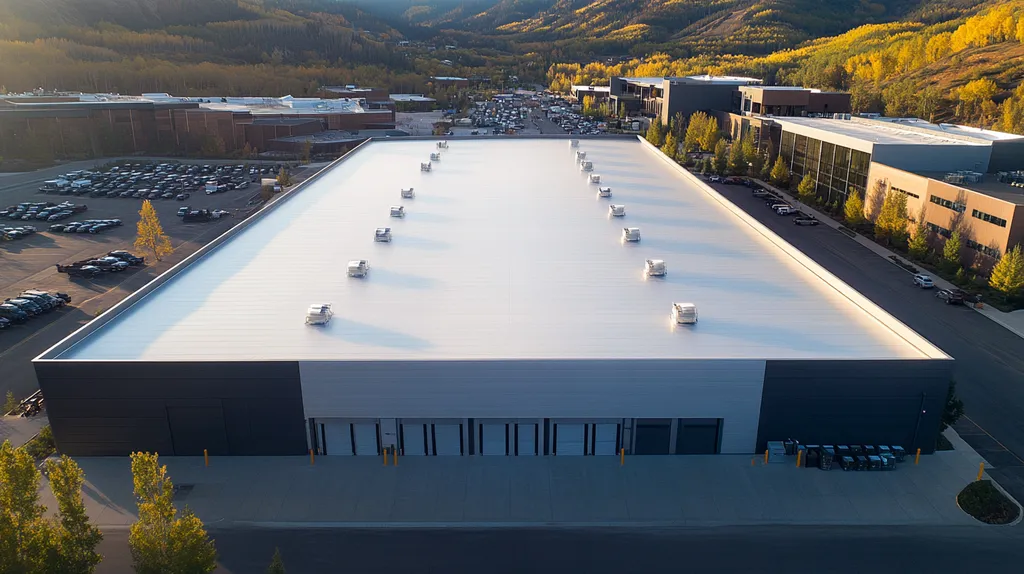 A commercial roof on a warehouse in a location similar to Aspen with a futuristic aesthetic (AI image)