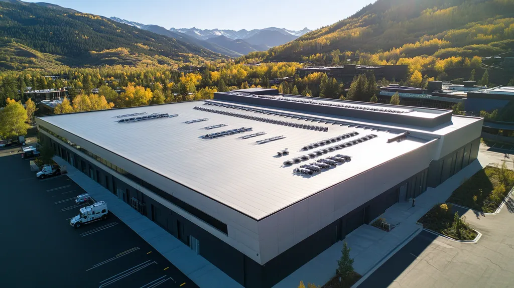 A commercial roof on a warehouse in a location similar to Aspen with a futuristic aesthetic (AI image)