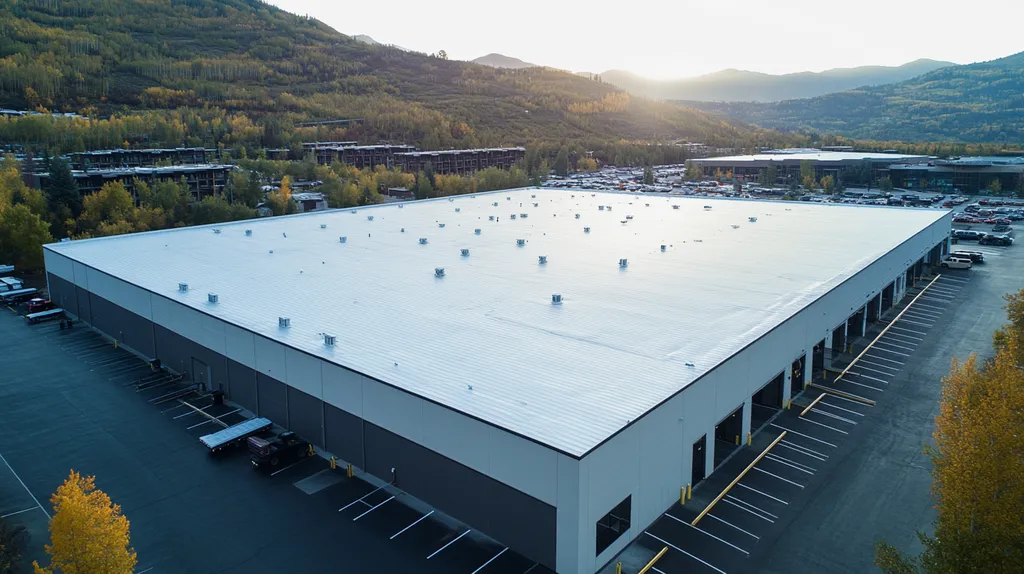 A commercial roof on a warehouse in a location similar to Aspen with a rainy day aesthetic (AI image)