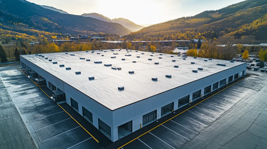 A commercial roof on a warehouse in a location similar to Aspen with a rainy day aesthetic (AI image)