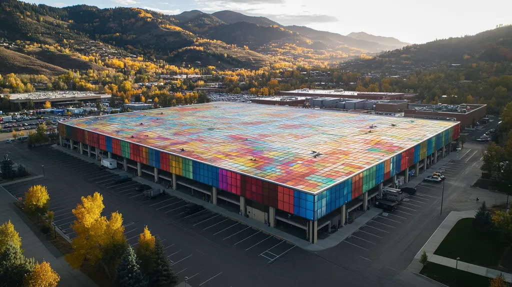 A commercial roof on a warehouse in a location similar to Aspen with a stained glass style aesthetic (AI image)