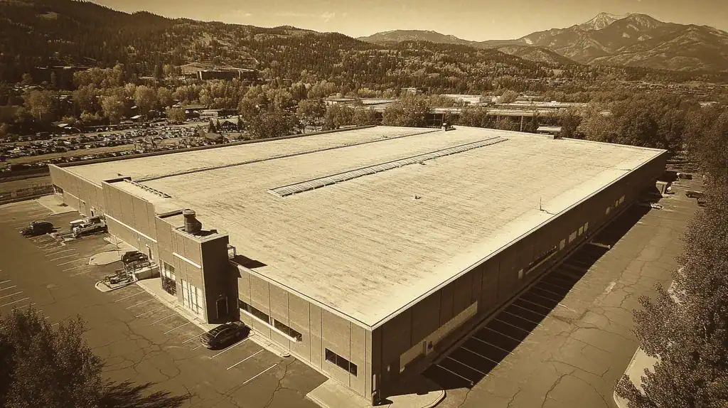 A commercial roof on a warehouse in a location similar to Aspen with a tintype aesthetic (AI image)