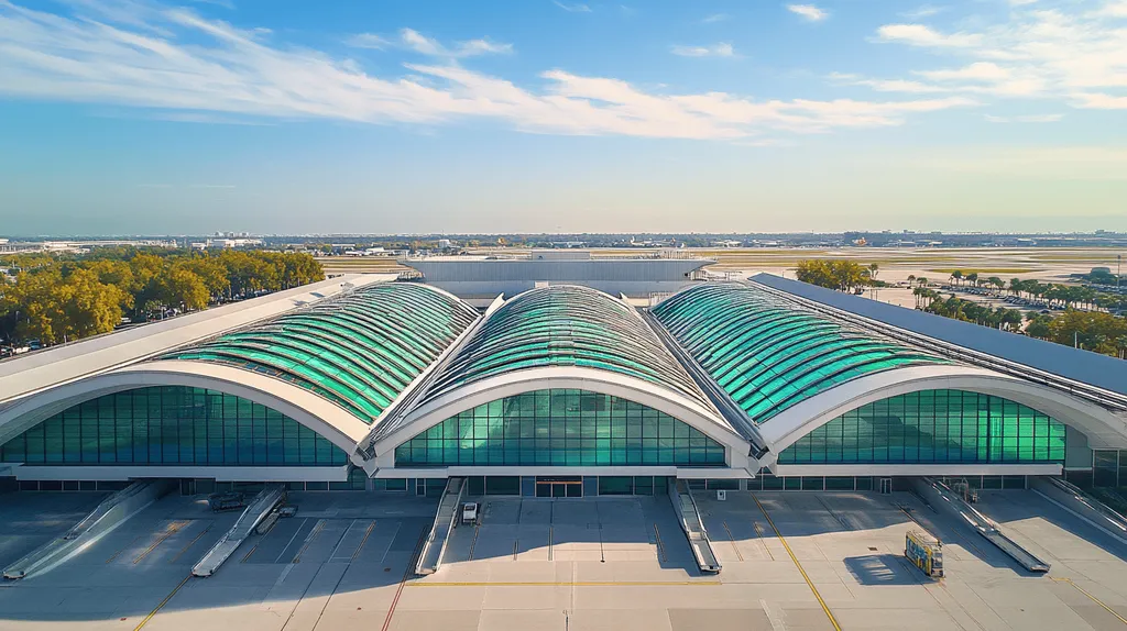 A commercial roof on an airport terminal in a location similar to Tampa with a stained glass style aesthetic (AI image)
