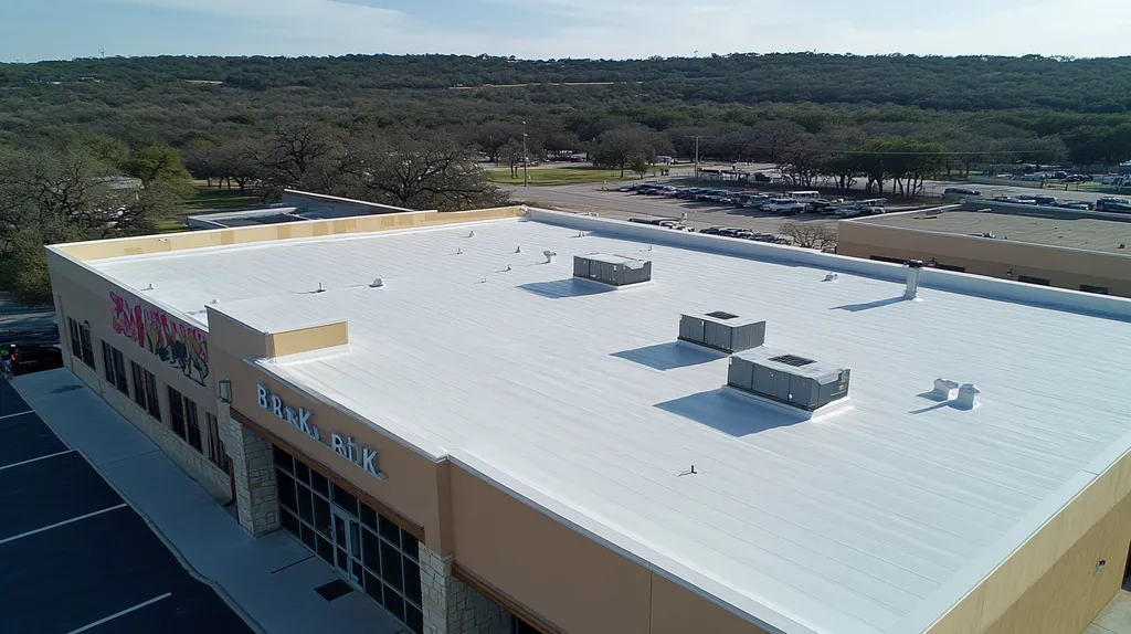 A commercial roof on a bank in a location similar to Austin with a color highlight aesthetic (AI image)