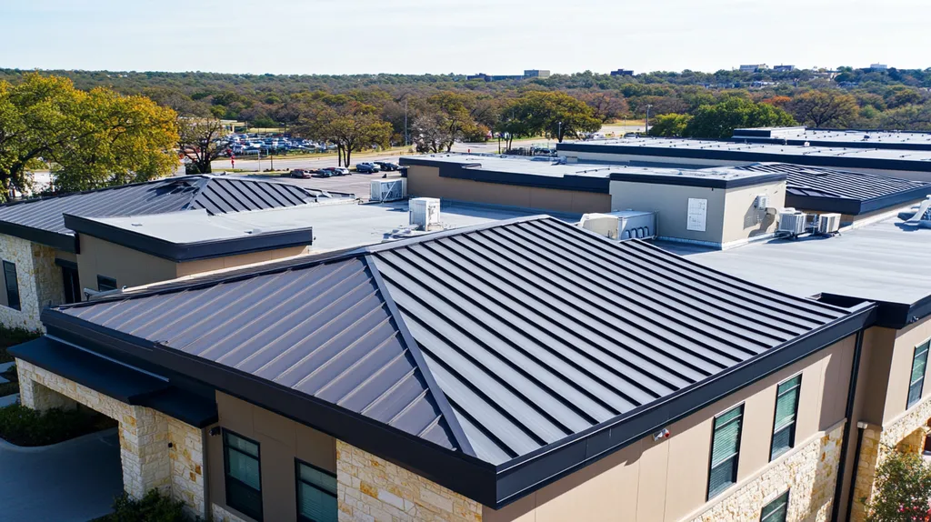 A commercial roof on a bank in a location similar to Austin with a color highlight aesthetic (AI image)