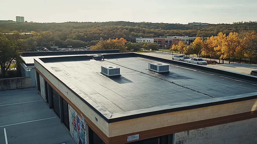A commercial roof on a bank in a location similar to Austin with a color highlight aesthetic (AI image)