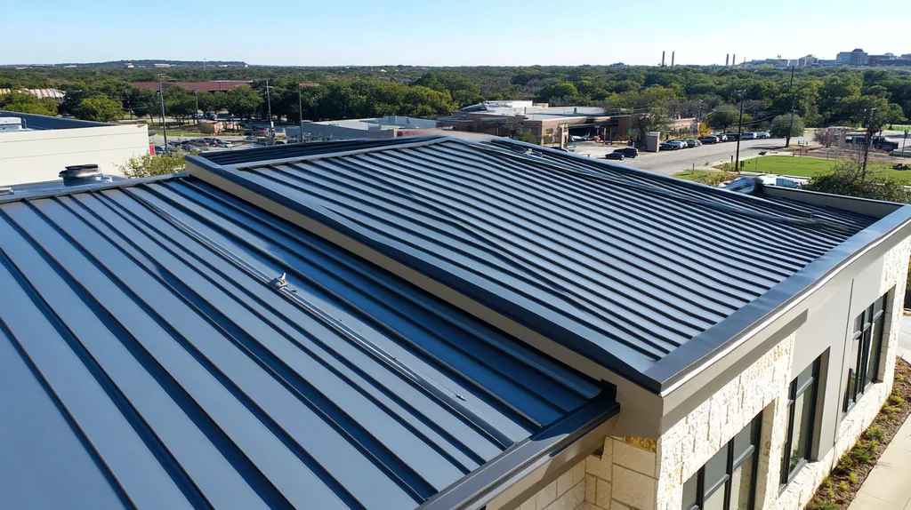 A commercial roof on a bank in a location similar to Austin with a stainless steel aesthetic (AI image)