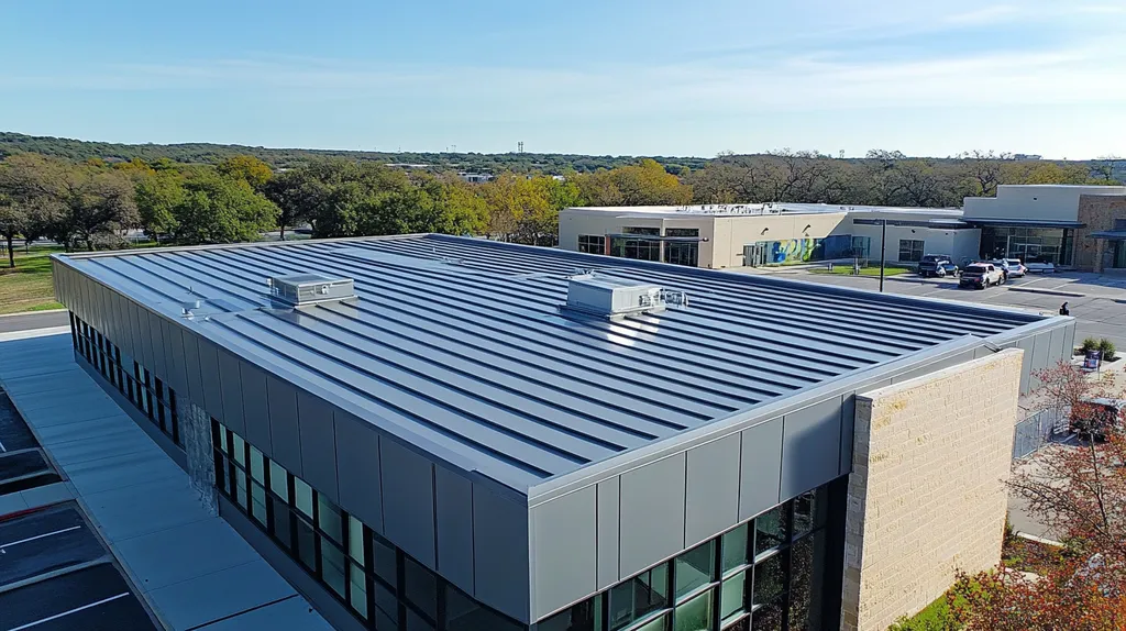 A commercial roof on a bank in a location similar to Austin with a stainless steel aesthetic (AI image)