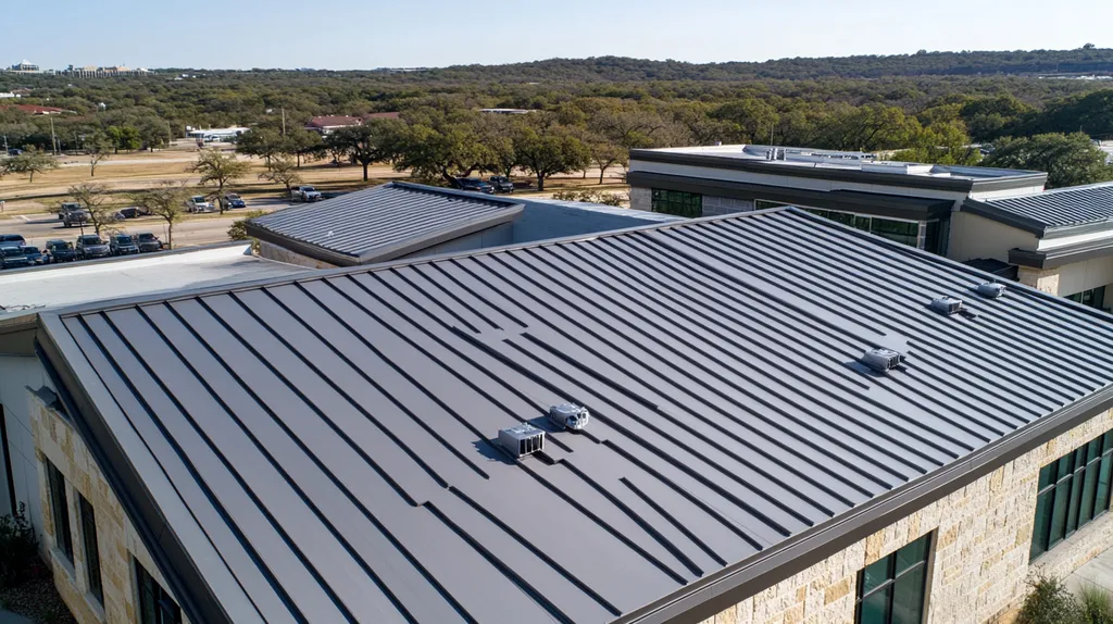 A commercial roof on a bank in a location similar to Austin with a stainless steel aesthetic (AI image)