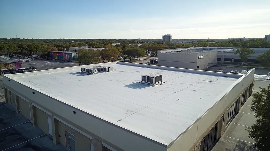 A commercial roof on a bank in a location similar to Austin with an urban context aesthetic (AI image)