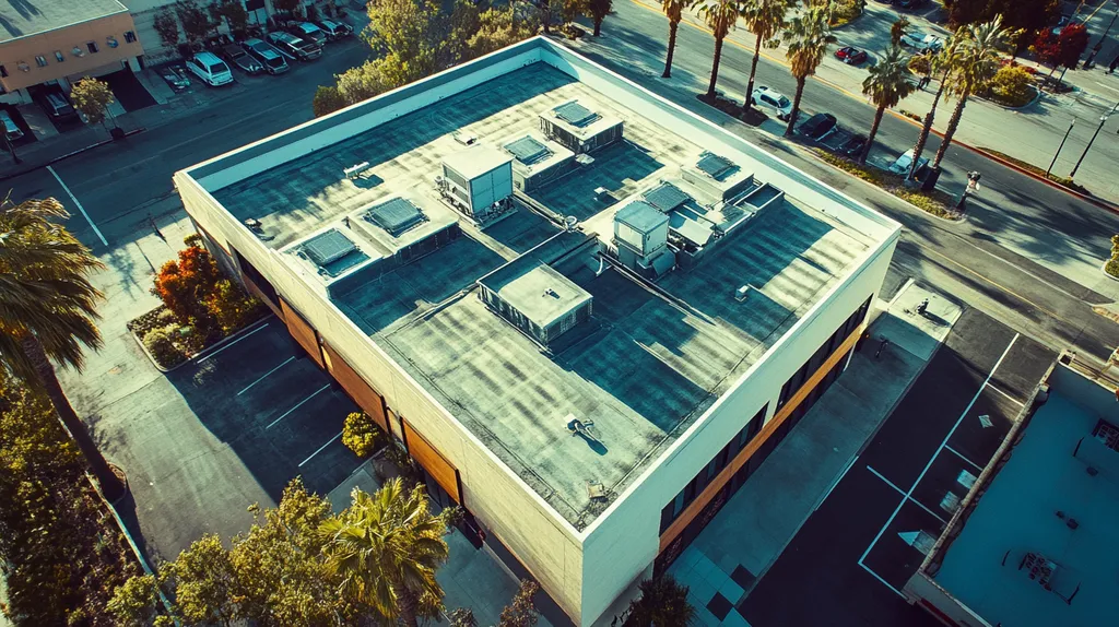 A commercial roof on a bank in a location similar to Beverly Hills with a cross-processed look aesthetic (AI image)