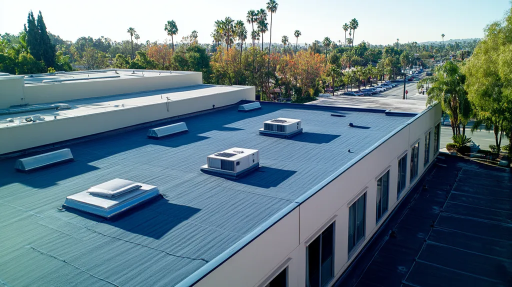 A commercial roof on a bank in a location similar to Beverly Hills with a cross-processed look aesthetic (AI image)