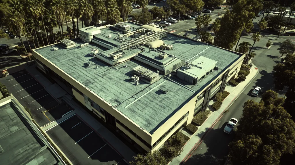 A commercial roof on a bank in a location similar to Beverly Hills with a cross-processed look aesthetic (AI image)