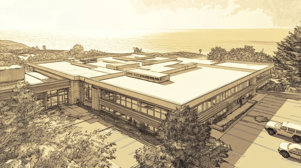 A commercial roof on a bank in a location similar to Big Sur with an architectural sketch rendering aesthetic (AI image)