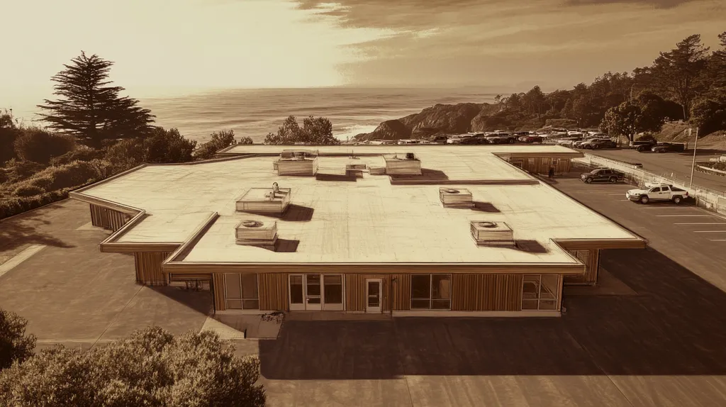 A commercial roof on a bank in a location similar to Big Sur with an architectural sketch rendering aesthetic (AI image)