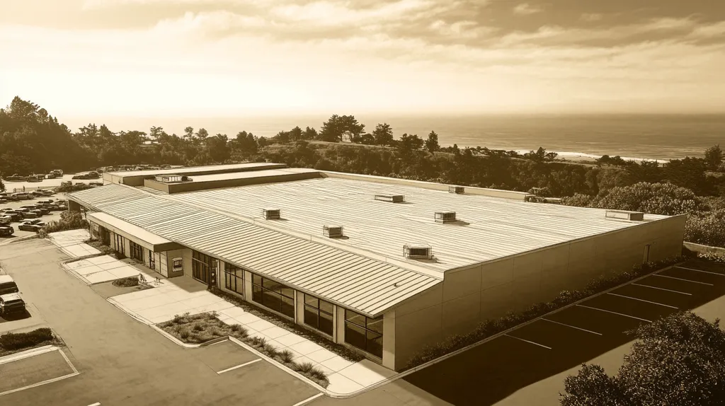 A commercial roof on a bank in a location similar to Big Sur with an architectural sketch rendering aesthetic (AI image)