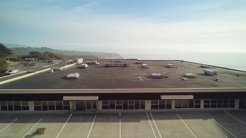 A commercial roof on a bank in a location similar to Big Sur with a color highlight aesthetic (AI image)