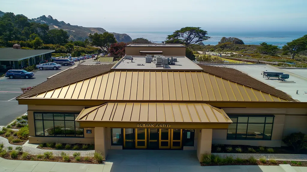 A commercial roof on a bank in a location similar to Big Sur with a solid gold aesthetic (AI image)