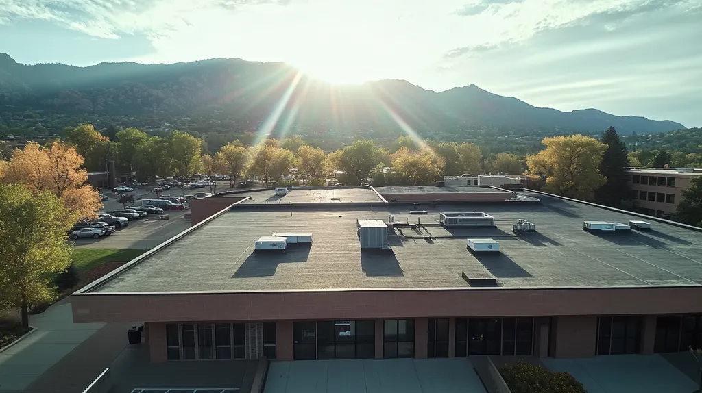 A commercial roof on a bank in a location similar to Boulder with a light beams aesthetic (AI image)