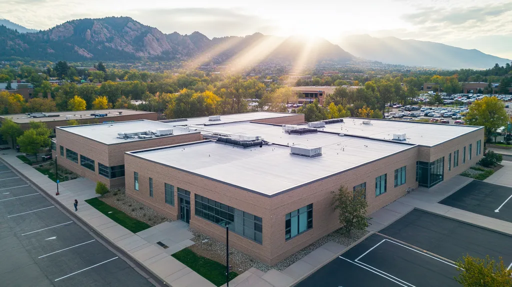 A commercial roof on a bank in a location similar to Boulder with a light beams aesthetic (AI image)