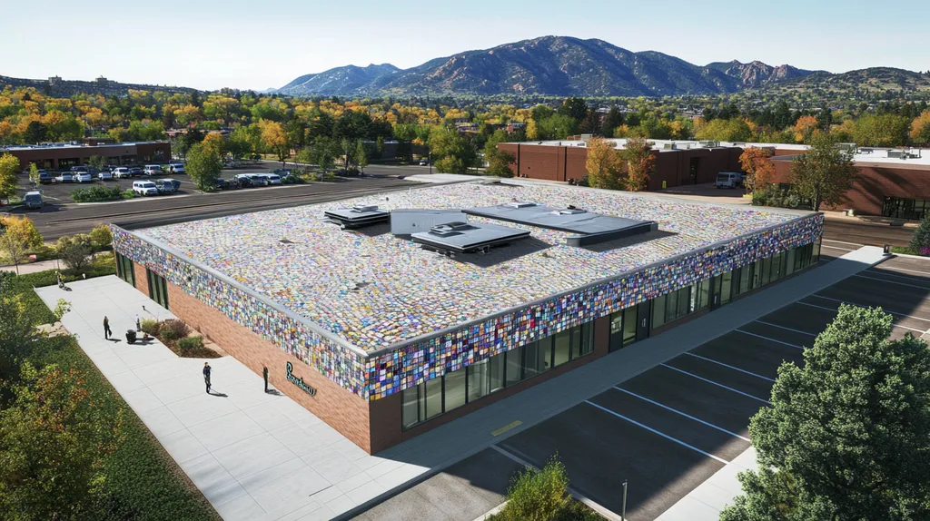 A commercial roof on a bank in a location similar to Boulder with a mosaic tile art aesthetic (AI image)