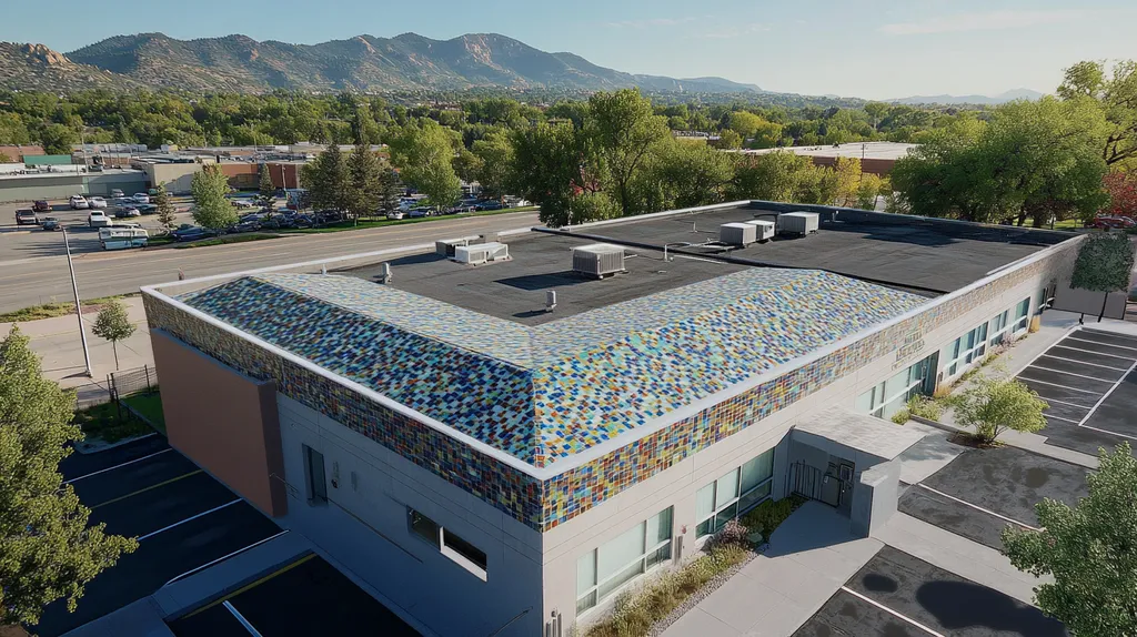A commercial roof on a bank in a location similar to Boulder with a mosaic tile art aesthetic (AI image)