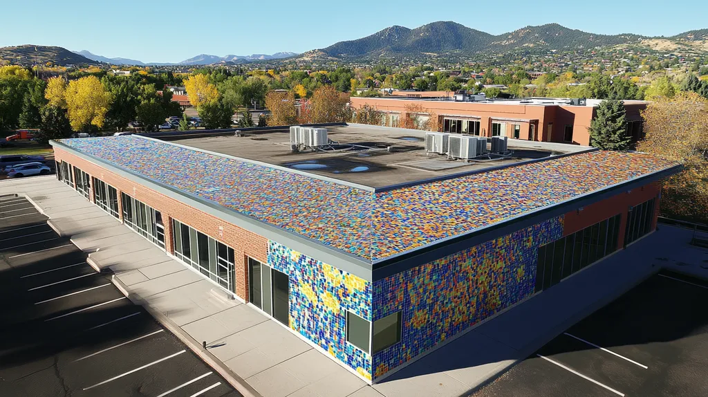 A commercial roof on a bank in a location similar to Boulder with a mosaic tile art aesthetic (AI image)