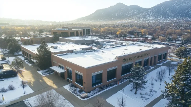 A commercial roof on a bank in a location similar to Boulder with a snowy day aesthetic (AI image)