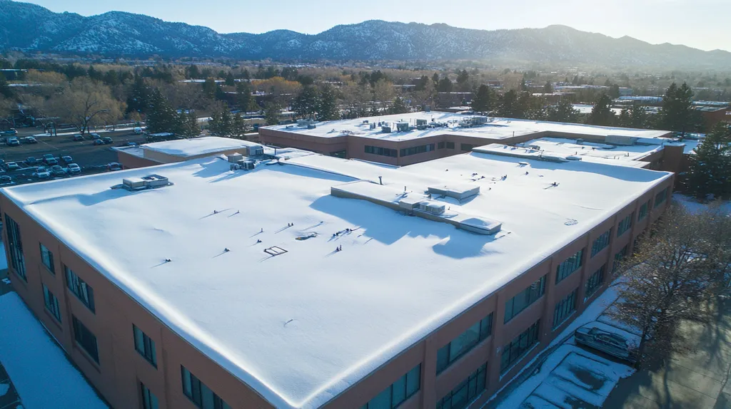 A commercial roof on a bank in a location similar to Boulder with a snowy day aesthetic (AI image)