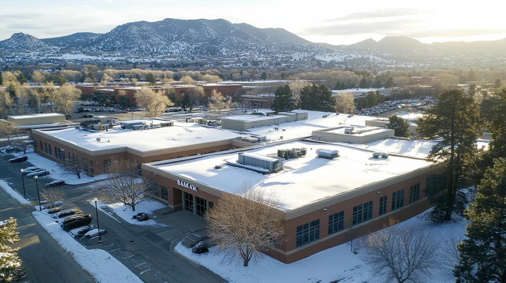 A commercial roof on a bank in a location similar to Boulder with a snowy day aesthetic (AI image)