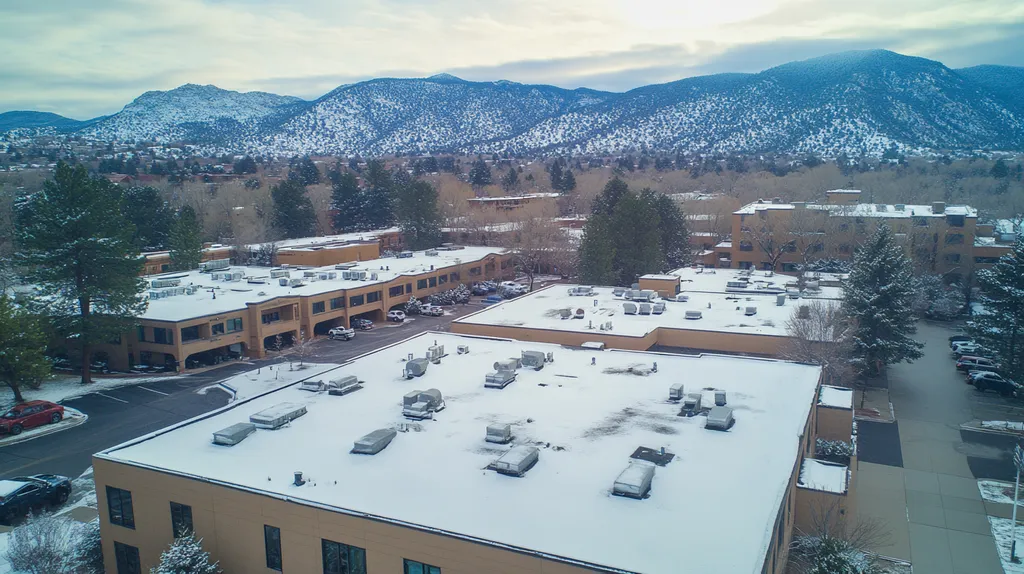 A commercial roof on a bank in a location similar to Boulder with a snowy day aesthetic (AI image)