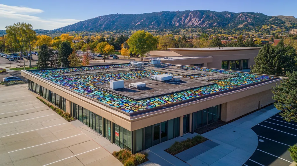 A commercial roof on a bank in a location similar to Boulder with a stained glass style aesthetic (AI image)