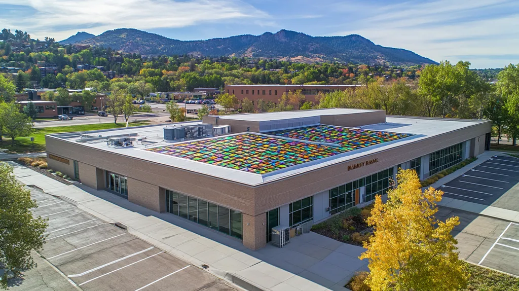 A commercial roof on a bank in a location similar to Boulder with a stained glass style aesthetic (AI image)