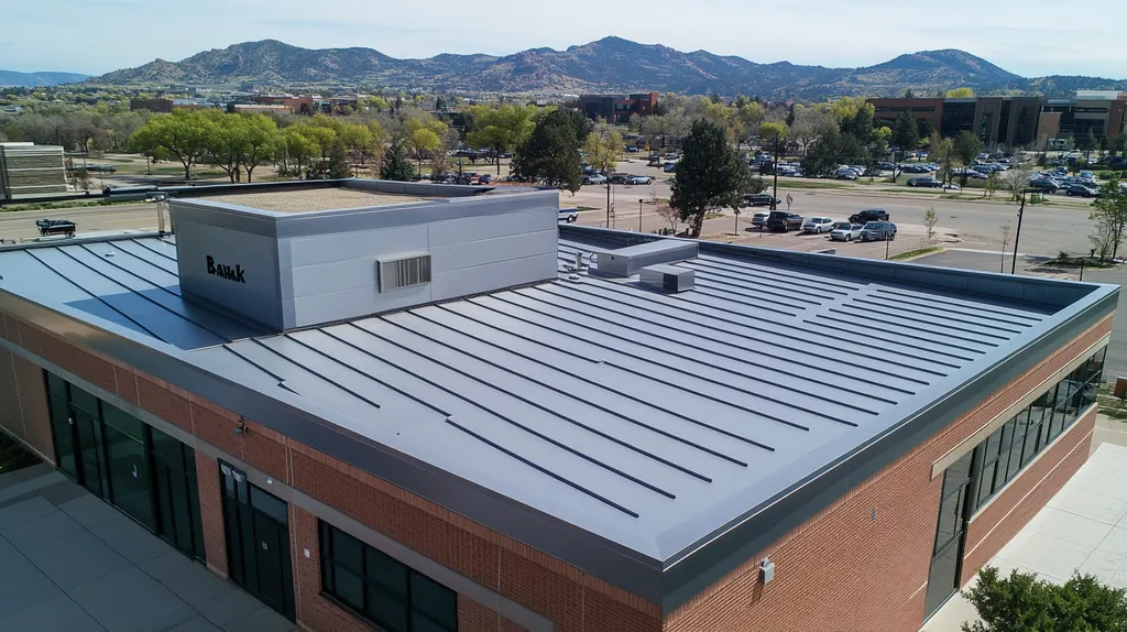A commercial roof on a bank in a location similar to Boulder with a stainless steel aesthetic (AI image)