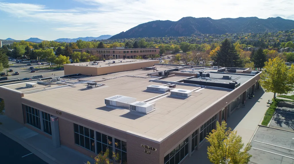 A commercial roof on a bank in a location similar to Boulder with an urban context aesthetic (AI image)