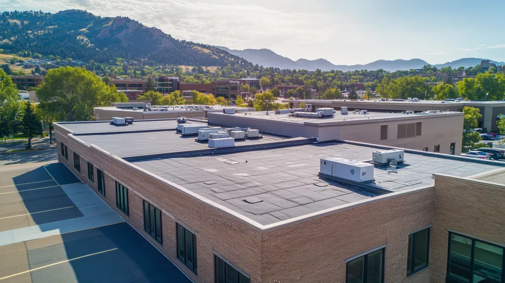 A commercial roof on a bank in a location similar to Boulder with an urban context aesthetic (AI image)