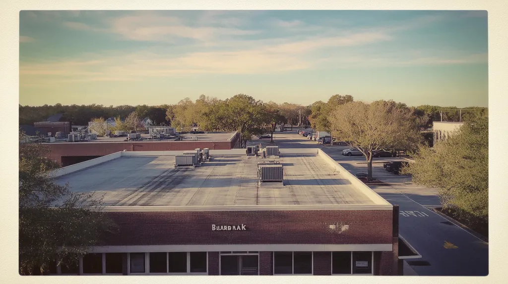 A commercial roof on a bank in a location similar to Charleston with a Polaroid aesthetic (AI image)