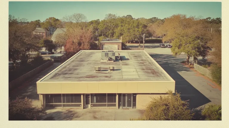 A commercial roof on a bank in a location similar to Charleston with a Polaroid aesthetic (AI image)
