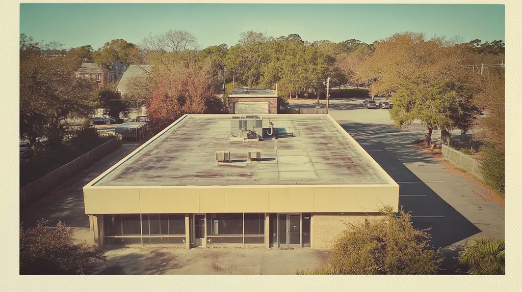 A commercial roof on a bank in a location similar to Charleston with a Polaroid aesthetic (AI image)