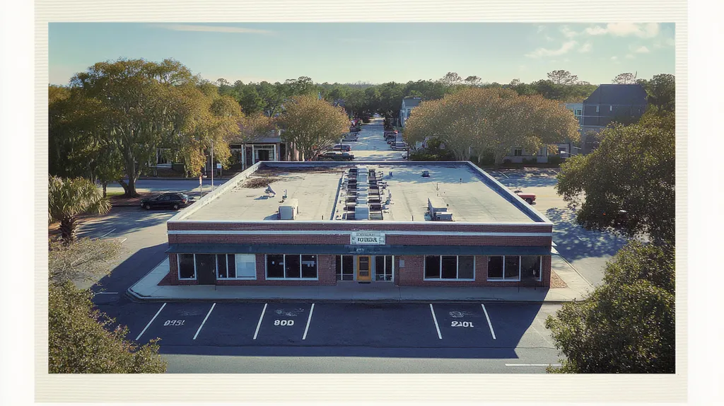 A commercial roof on a bank in a location similar to Charleston with a Polaroid aesthetic (AI image)