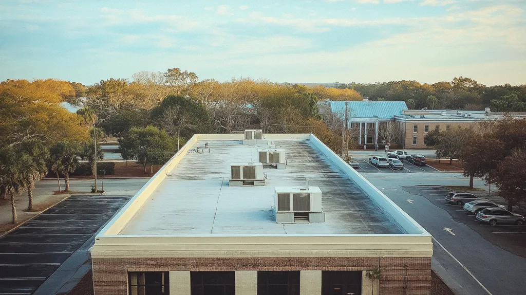 A commercial roof on a bank in a location similar to Charleston with a Polaroid aesthetic (AI image)