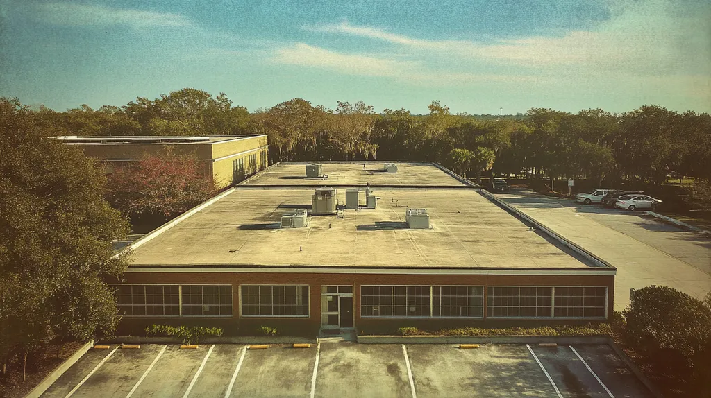 A commercial roof on a bank in a location similar to Charleston with a Polaroid aesthetic (AI image)