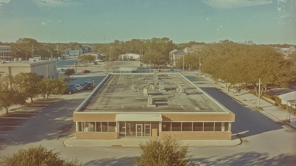 A commercial roof on a bank in a location similar to Charleston with a Polaroid aesthetic (AI image)