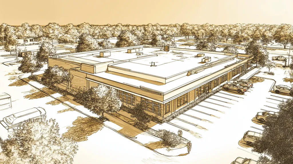 A commercial roof on a bank in a location similar to Charleston with an architectural sketch rendering aesthetic (AI image)