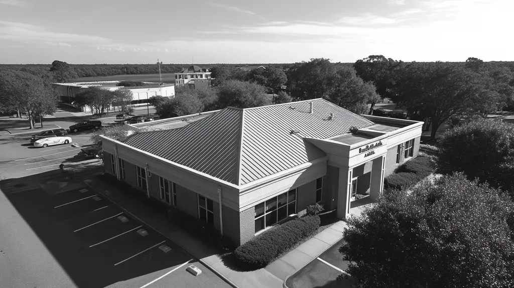 A commercial roof on a bank in a location similar to Charleston with a black and white photography aesthetic (AI image)